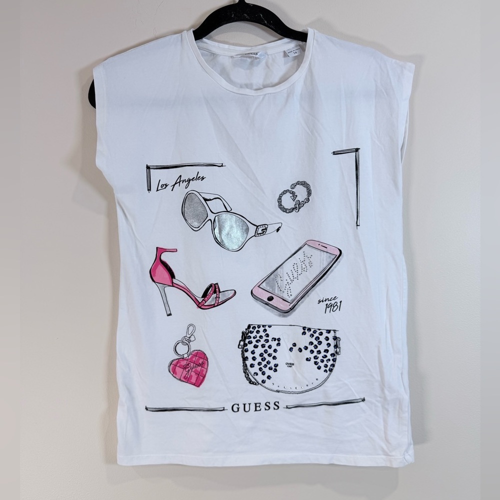 🔥NWOT GUESS White Graphic Sleeveless Tee with Pink Accents Size 14 🔥